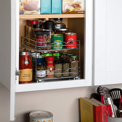 2 Tier Pull-Out Cabinet Spice Rack Organizer - Slim Slide-Out Storage for Spices, Bottles & Jars, Premium Heavy-Duty Steel, Easy Install for Narrow Kitchen Cabinets -10-1/2"Wx10-3/8"Dx8-7/8" H, Chrome