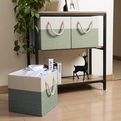 PRANDOM Large Foldable Cube Storage Bins 11x11 inch [4-Pack] Fabric Linen Storage Baskets Cubes Drawer with Cotton Handles Organizer for Shelves Nursery Closet Bedroom Beige/Green