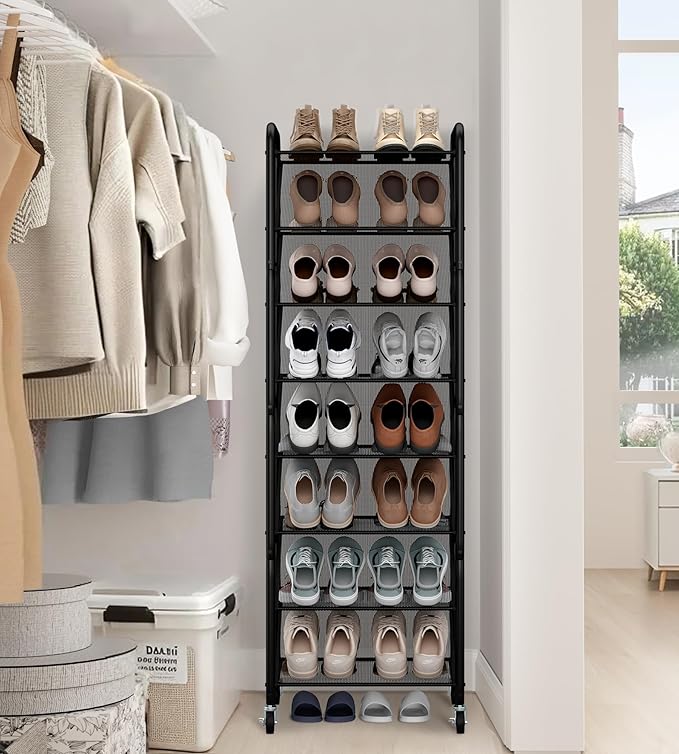 STO STO 8-Tier Narrow Shoe Rack with Lockable Wheels, Double-Sided Vinyl Mesh Shelf Shoe Organizer for Up to 30 Pairs, Slim Space Saving Metal Rolling Shoe Storage for Entryway, Closet, Hallway