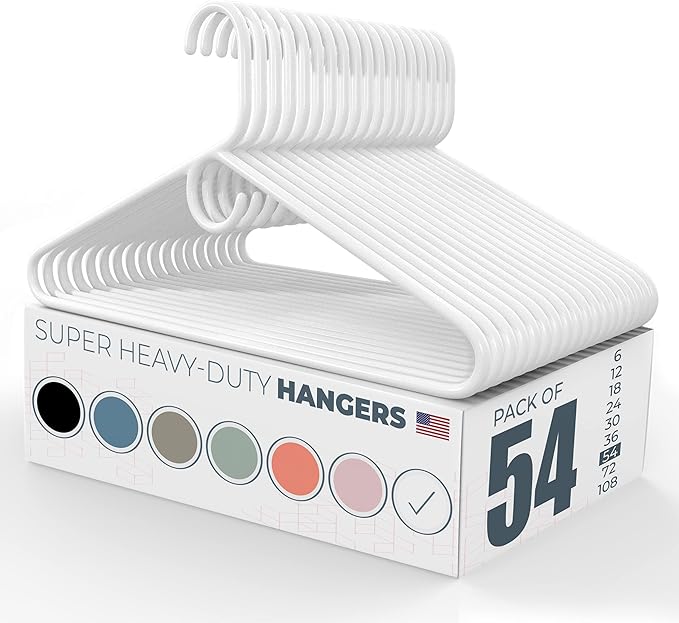 Super Heavy Duty Clothes Hangers 50 Pack (54 Count) – Made in the USA - 10lb Capacity, Thick Plastic Hangers for Pants, Coats, Jackets, Jeans and Adult Clothing – White
