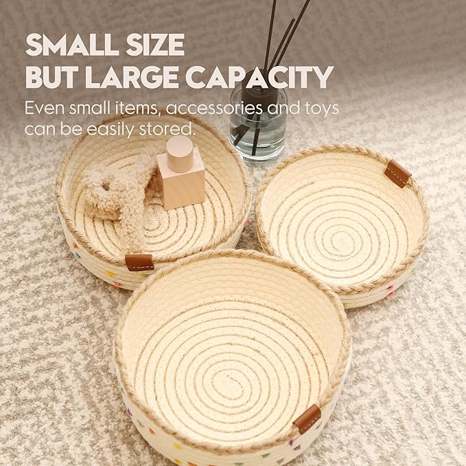Sea Team 3-Pack Small Cotton Rope Storage Basket Set - Portable Round Organizers with Jute Braid for Small Items, Keys, Makeup & Trinkets