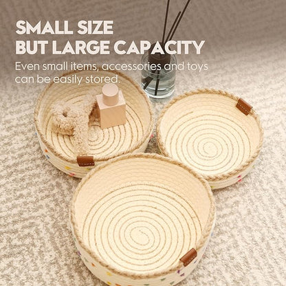 Sea Team 3-Pack Small Cotton Rope Storage Basket Set - Portable Round Organizers with Jute Braid for Small Items, Keys, Makeup & Trinkets