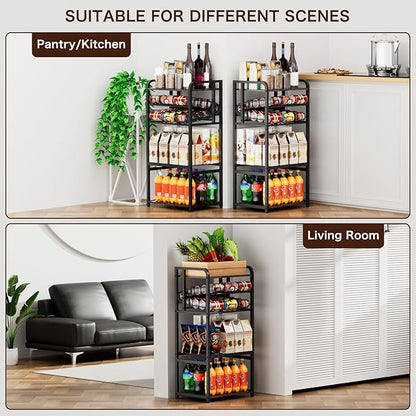 Soda Can Organizer for Pantry, 5-Tier Storage Shelf, Kitchen Organizers and Storage, Multifunctional Snack Organizer Rack, Standing Can Rack for Pantry/Kitchen (Black)