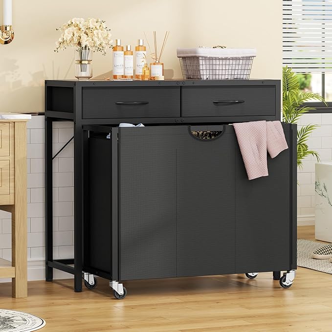 Laundry Sorter, Rolling Laundry Hamper with 3 Section Pull-Out Bags, Laundry Basket Organizer with 2 Drawers & 2-Tone Top Panel, Laundry Hamper with Wheels for Laundry Room Organization, Bathroom