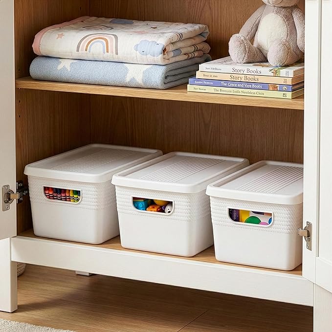 BINO | Plastic Storage Bins with Lids, 5 Liter - 3 Pack, White | THE BRAIDED COLLECTION | Plastic Bins for Organization Woven Storage Baskets for Organizing Pantry Shelf Organizer Basket Container Bin