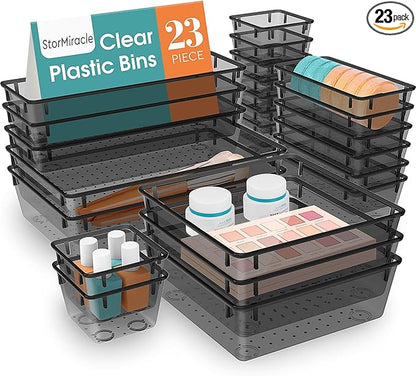 StorMiracle 23 PCS Drawer Organizer Set, 5 Varied Size Bathroom and kitchen Drawer cabinet organizer Trays, Clear Storage Bins for Makeup, Jewelry, Utensils and Gadgets, Black