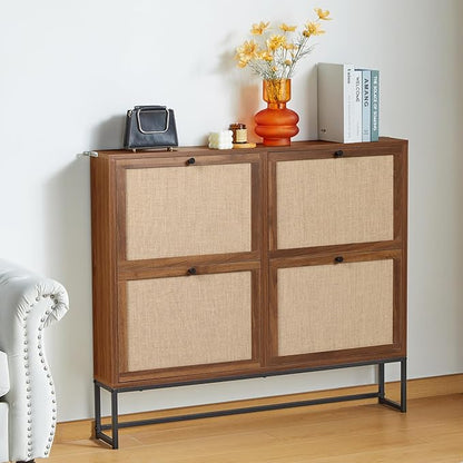 AVZEAR Narrow Shoe Storage Cabinet for Entryway with Natural Linen Panel, Freestanding Slim Shoe Cabinet with 4 Flip Drawers, Wood Shoe Organizer Closed Shoe Rack for Hallway, Living Room(Walnut)