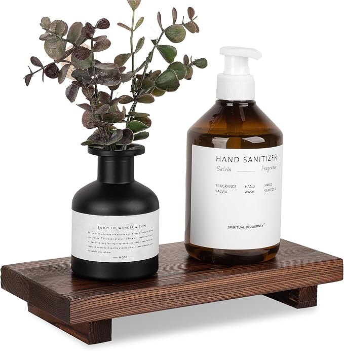 Bathroom Counter Organizer Wood Pedestal Stand Farmhouse Decorative Tray Soap Holder for Kitchen Decor, Large 10" x 4.5" - Drak Brown