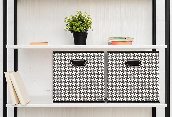 Household Essentials Foldable Fabric Storage Cubes 6-Pack – 11x11x11 Stackable Non-Woven Bins with Chipboard Sides & Grommet Handles – Closet, Shelf, Nursery, or Office Organizer – Houndstooth