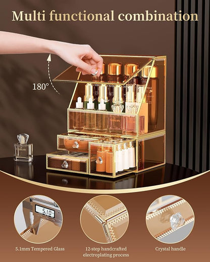 CoralHouse Makeup Organizer Countertop,Amber Makeup Organizer with Drawer, Skincare Holder for Bathroom Countertop,Cosmetic Display Case for Dresser