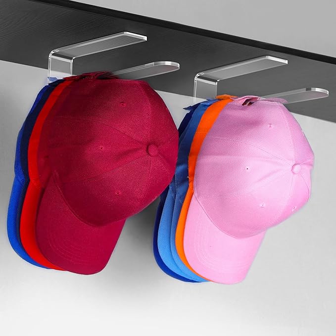 2 Packs Hat Hangers for Wall - Hat Hook Acrylic Baseball Hat Rack Adhesive Baseball Cap Organizer Hat Holder for Wall Closet Door Bedroom Organization