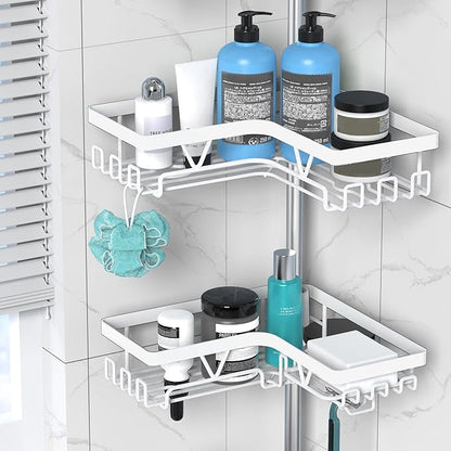 DAOYA Shower Caddy Tension Pole Corner - Stainless Steel Bathroom Organizer White Tension Rod Shower Shelves for Tub(22-114.2inch), Renter Friendly