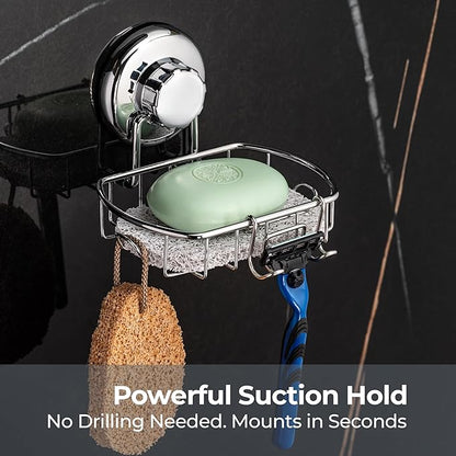HASKO Suction Soap Dish with Hooks | Powerful Vacuum Suction Cup Soap Holder | Soap Basket Holder for Bathroom & Kitchen (Polished Stainless Steel SS304)