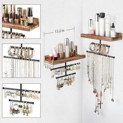 Keebofly Hanging Wall Mounted Jewelry Organizer with Rustic Wood Jewelry Holder Display for Necklaces Bracelet Earrings Ring Set of 2 Carbonized Black,[Patented]