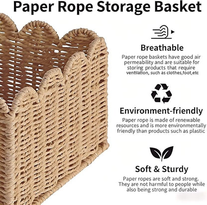 Scalloped Basket, Wicker Storage Baskets, Hand Woven Baskets for Shelves,Natural Baskets for Organizing (M-14" L x 10.5" W x 6" H)