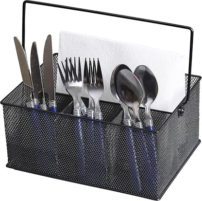 YBM Home Mesh Basket Utensil Holder & Picnic Silverware Caddy Organizer with Four Compartments and Napkin Storage, Black (24 Pack)