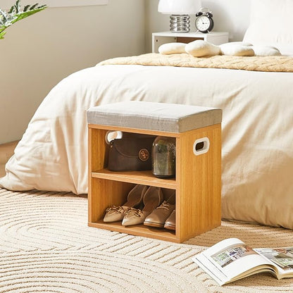 YMYNY Shoe Storage Bench with Cushion, 2 Tier Shoe Rack with Padded Seat, Adjustable Shoe Organizer Cabinet for Entryway, Living Room, Hallway, Closet, Bedroom, 15.4L*11W*16.54H, Natural, UHBD028N