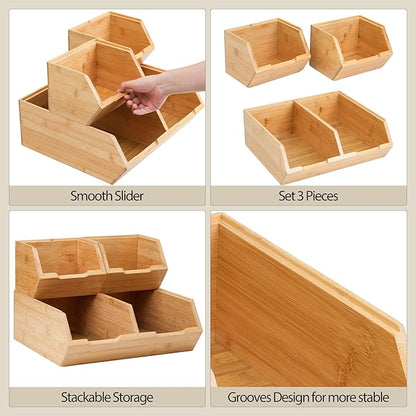 3 Pack Stackable Bamboo Potato Onion Storage Bins - Pantry Organizers for Kitchen Countertop, Ventilated Food Storage Containers for Fruits Vegetables