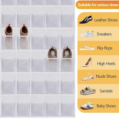 Over the Door Shoe Organizer, 40 Large Mesh Pockets Hanging Shoe Rack Organizer for Closet Behind The Door Storage Holder for Entryway Bedroom Dorm White