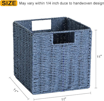 Vagusicc Wicker Storage Basket, Set of 2 Hand-Woven Storage Baskets for Shelves with Handles, Foldable Cube Storage Baskets Bins 11 Inch Large Wicker Baskets for Pantry Decor, Blue(11''x11''x11'')