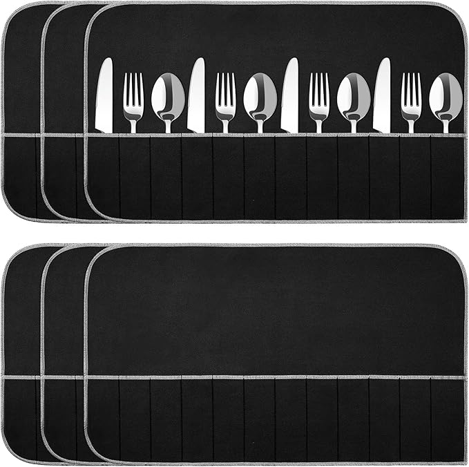 Hillban 6 Pcs Anti Tarnish Silver Storage Bags Silver Storage Cloth Felt Flatware Organizer Anti Tarnish Protector Bags Place Setting Roll with White Ribbon for Kitchen Cutlery (12 Slots,Black)