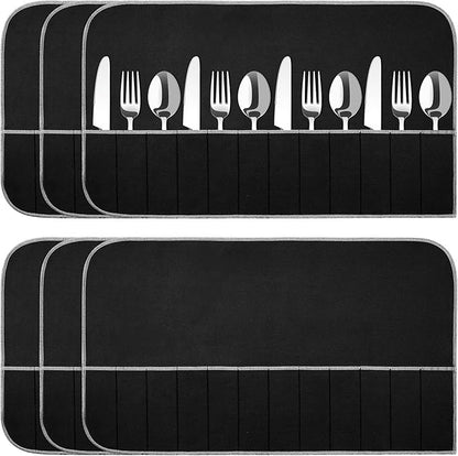 Hillban 6 Pcs Anti Tarnish Silver Storage Bags Silver Storage Cloth Felt Flatware Organizer Anti Tarnish Protector Bags Place Setting Roll with White Ribbon for Kitchen Cutlery (12 Slots,Black)