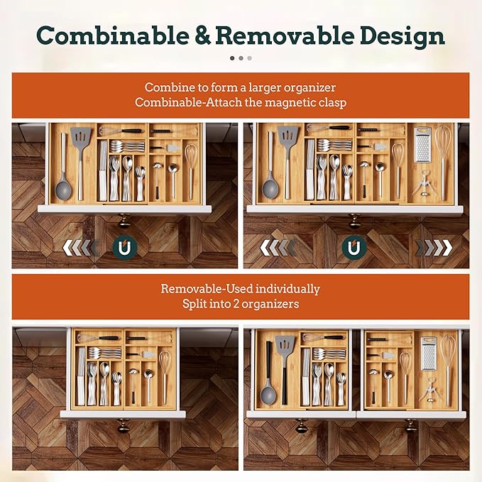 Silverware Organizer Large, Magnetic Connected Expandable 13 Slots Silverware Drawer Organizer From 21 to 37.4 Inches, Adjustable Flatware and Cutlery Holder, Bamboo Utensil Tray for Kitchen Natural