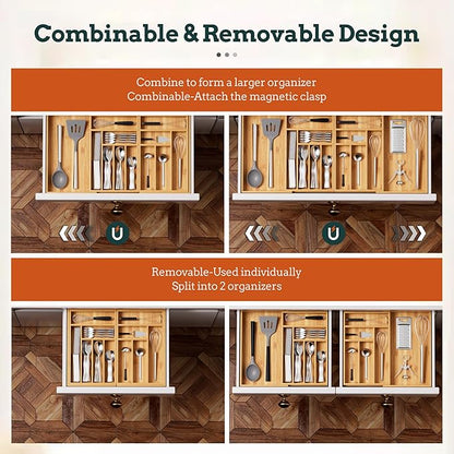 Silverware Organizer Large, Magnetic Connected Expandable 13 Slots Silverware Drawer Organizer From 21 to 37.4 Inches, Adjustable Flatware and Cutlery Holder, Bamboo Utensil Tray for Kitchen Natural