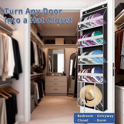 KYEVIS Over The Door Hat Organizer for Baseball Caps - Holds up 60 Hat Rack with Extra Large Row for Cowboy, Hat Storage for Closet, Bedroom, Cabinet, Space Saving Hanging Holder, Scarves, Accessories