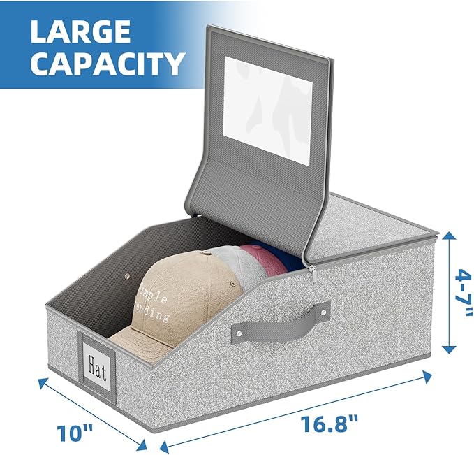 Simple Trending Hat Organizer for Baseball Caps, 2PCS Stackable Storage with Clear Window Lid,Hat Box for Closet, Holds up to 24 Caps Hat Organizer for Closet, Grey