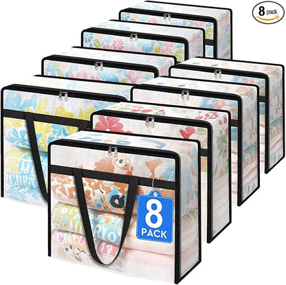 TasticTotes 8 Pack Clear Storage Bags for Comforter, Clothes & Bedding, Plastic Blanket Storage with Zipper and Handle, Moving Bags, Closet Organizer and Under-Bed Storage (60L)