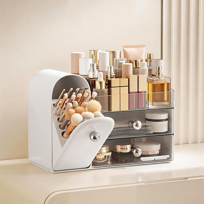 HBlife Makeup Organizer Countertop with Drawers, Vanity Organizers with Brush Holder, Bathroom Counter Organizer for Perfume, Nail Polishes, Lipsticks, Skincare and Eyeshadow Palettes, White Sliver