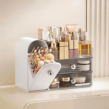HBlife Makeup Organizer Countertop with Drawers, Vanity Organizers with Brush Holder, Bathroom Counter Organizer for Perfume, Nail Polishes, Lipsticks, Skincare and Eyeshadow Palettes, White Sliver