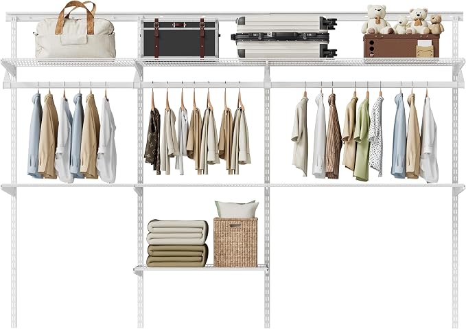 Closet System Wall Mounted 2-7.5 Ft, Heavy Duty Adjustable Wire Shelving with Hanging Rod, Custom Organizer Kit for Bedroom Laundry Mudroom, White