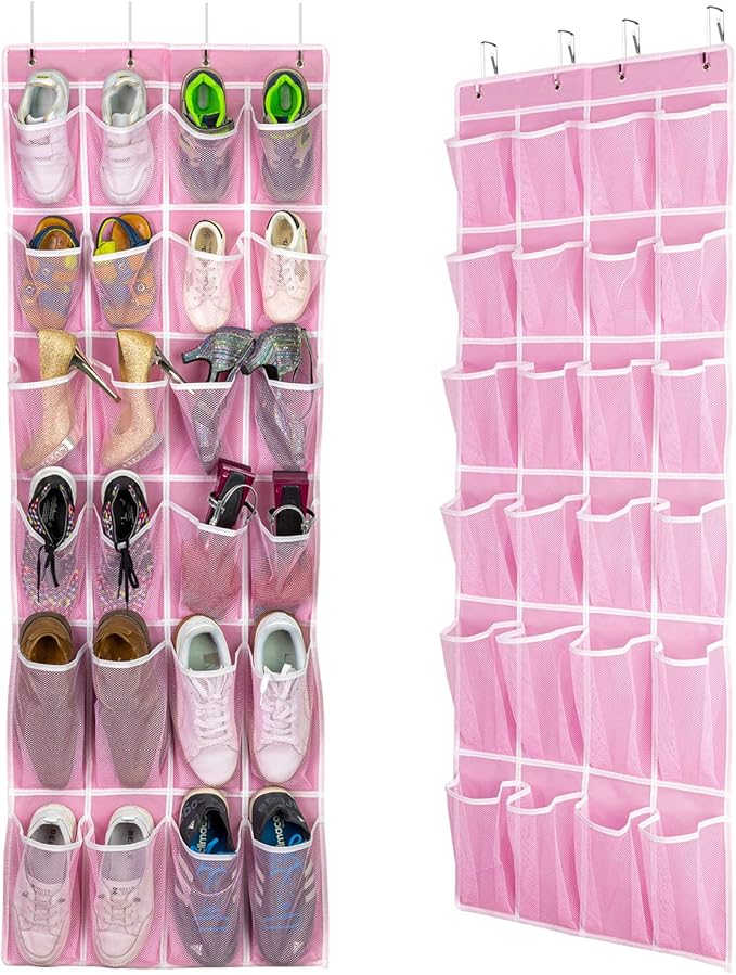 SAVERHO 2 Pack Hanging Shoe Organizer，Over Door Shoe Organizer with 24 Mesh Large Pockets Shoe Storage Bag for Sport Shoes Size:58x21 Inch Hanging Door Shoe Rack Organizer (Pink-2pack)