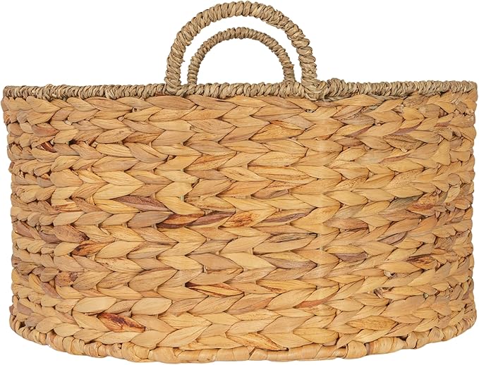 Household Essentials Round Handwoven Water Hyacinth and Seagrass Basket with Handles, Natural