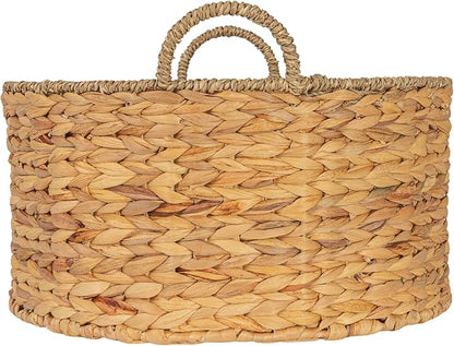 Household Essentials Round Handwoven Water Hyacinth and Seagrass Basket with Handles, Natural