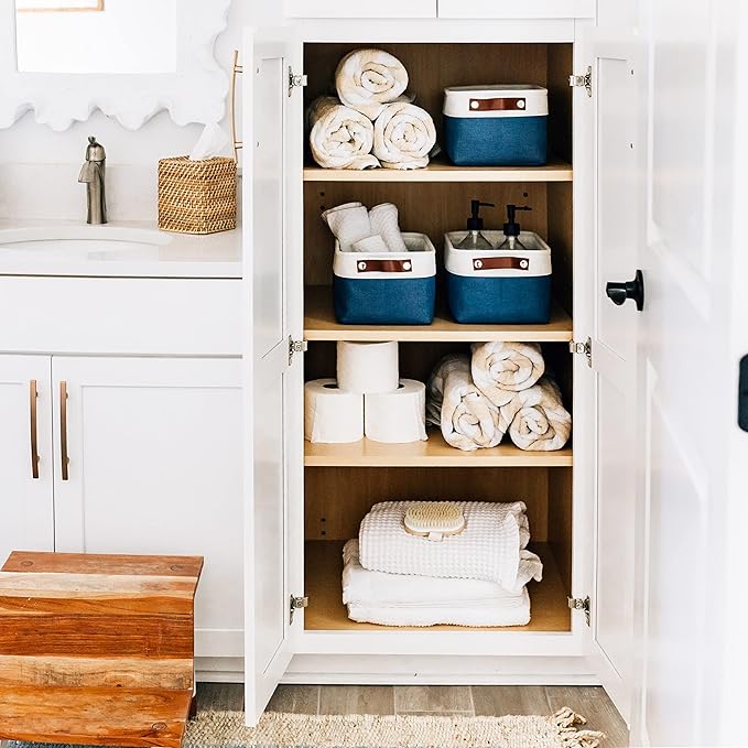 OrganiHaus 12x8in Canvas Storage Baskets 6 Pack | SMALL Fabric Bins for Shelves | Pantry & Bathroom Organizer | Navy Blue/Off-White