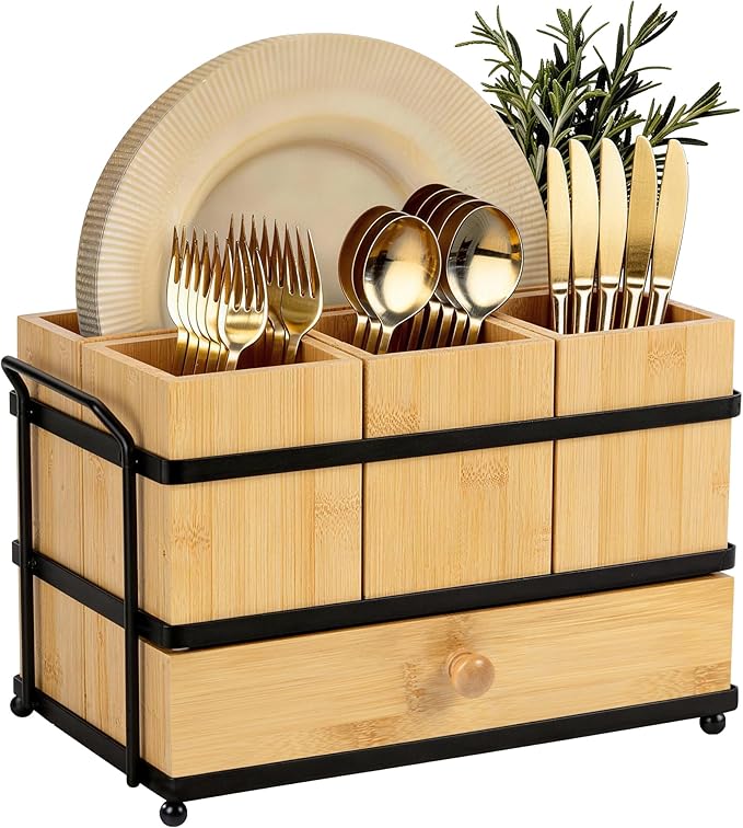 Silverware Caddy with Drawer and 4 Removable Compartments for Spoons, Forks, Plates Napkins, Flatware Organizer with Drain Holes, Bamboo Utensil Holder for Kitchen Counter, Party