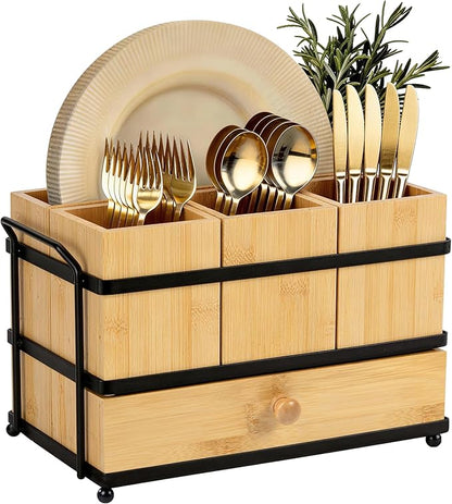 Silverware Caddy with Drawer and 4 Removable Compartments for Spoons, Forks, Plates Napkins, Flatware Organizer with Drain Holes, Bamboo Utensil Holder for Kitchen Counter, Party