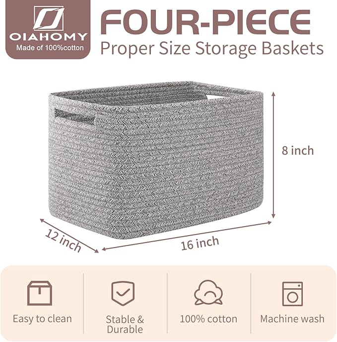 OIAHOMY 4 Pack Storage Baskets for Organizing, Cube Storage Bins for Shelves, Rectangle Storage Baskets With Handles, Woven Baskets for Storage, 16''Lx12''Wx8''H, Grey