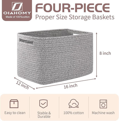 OIAHOMY 4 Pack Storage Baskets for Organizing, Cube Storage Bins for Shelves, Rectangle Storage Baskets With Handles, Woven Baskets for Storage, 16''Lx12''Wx8''H, Grey