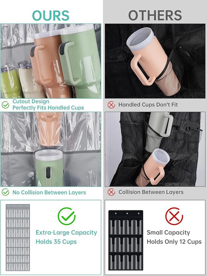 NiHome 35 Pockets Door Hanging Organizer Fit for Stanley 30oz 40oz Tumblers with Handles, Deep Clear Pockets with Handle Slots, Waterproof Oxford Fabric for Kitchen, Cabinet, Pantry, Closet (Gray)