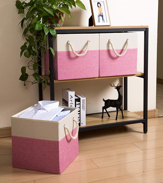 PRANDOM Large Foldable Cube Storage Bins 13x13 inch [4-Pack] Fabric Linen Storage Baskets Cubes Drawer with Cotton Handles Organizer for Shelves Nursery Closet Bedroom Pink