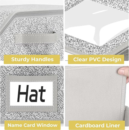 2 Pack Hat Organizer Box for Women & Men, Foldable Storage Box with Clear Lid for Baseball, Cowboy Caps, Stackable Clear Hat Organizer, Store up to 28 Caps, Grey