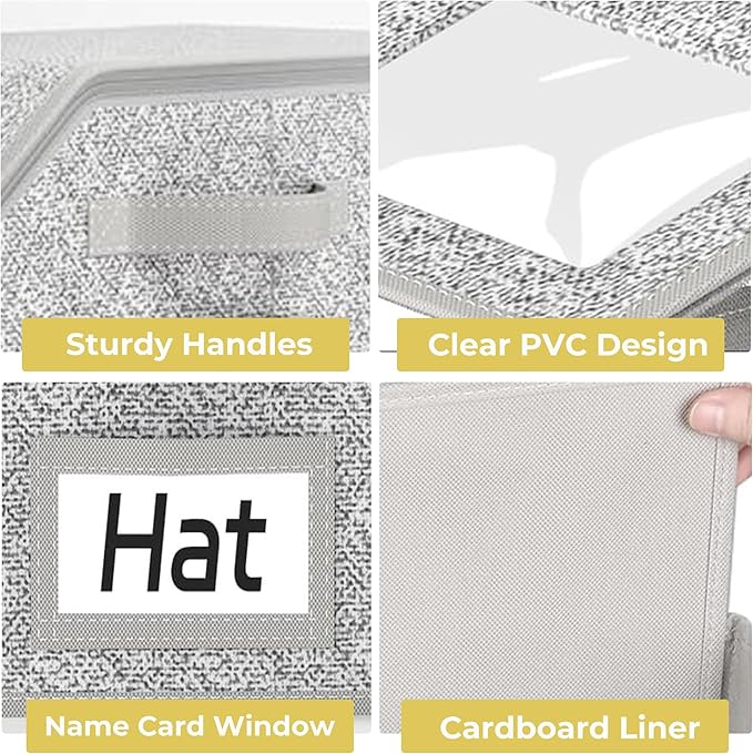 3 Pack Hat Organizer Box for Women & Men, Foldable Storage Box with Clear Lid for Baseball, Cowboy Caps, Stackable Clear Hat Organizer, Store up to 42 Caps, Grey