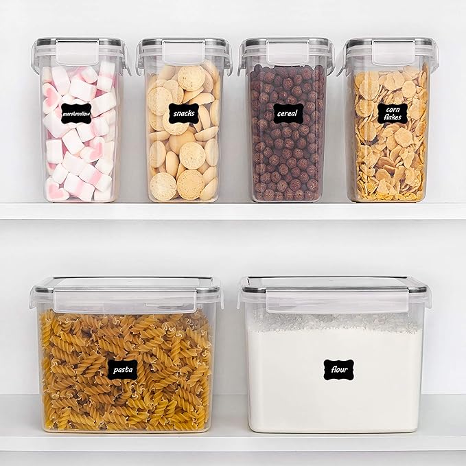 Vtopmart Airtight Food Storage Containers 6 Pieces - Plastic BPA Free Kitchen Pantry Storage Containers for Sugar,Flour and Baking Supplies - Dishwasher Safe - Include 24 Labels, Black
