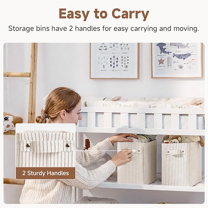 StorageWorks Narrow Storage Bins, Small Basket for Closet and Shelves, Rectangular Fabric Organizer with Handles, Toilet Paper Storage, Khaki and Beige Stripes, 2-Pack