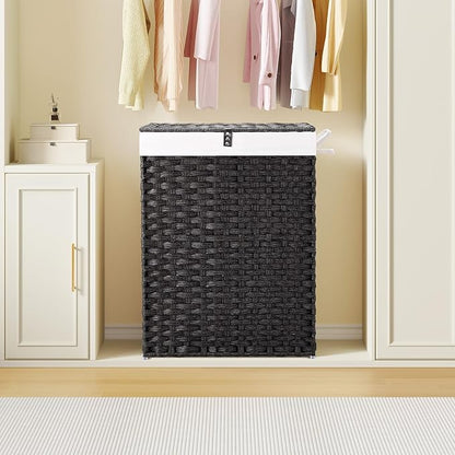 Greenstell Laundry Hamper with Lid, 90L Clothes Hamper with 2 Removable Liner Bags & 2 Mesh Laundry Bags, Handwoven Synthetic Rattan Laundry Basket for Clothes, Toys in Bathroom, Bedroom Black