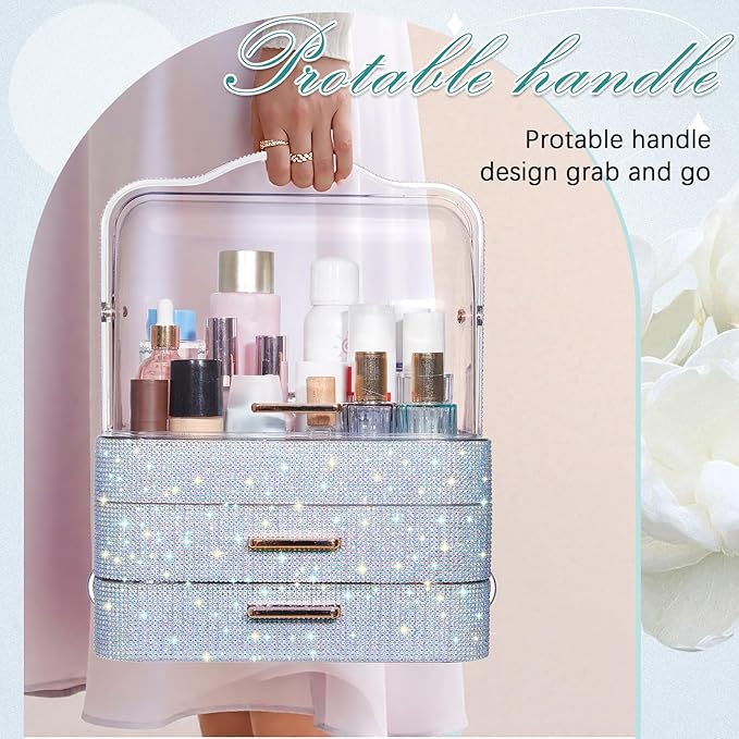 Honeydak Bling Makeup Organizer for Mothers Day Nurses Day Birthday Gifts Rhinestone Cosmetic Display Cases with Transparent Cover, Skincare Perfume Organizer for Countertop, Desk(Silver,Rhinestone)